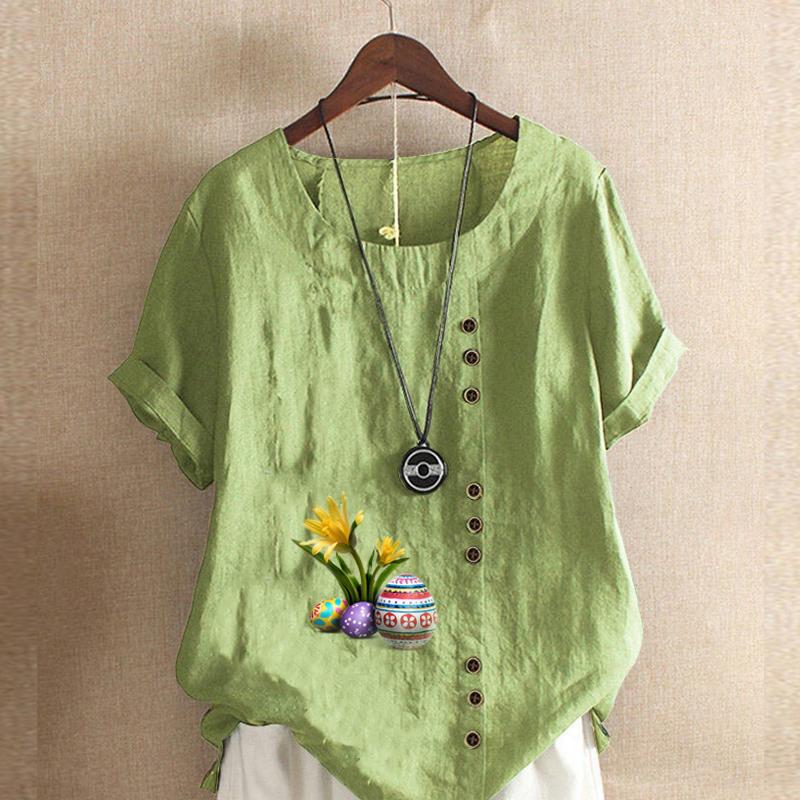 Women's Fashion Round Neck Short Sleeve T-shirt Casual Cotton Linen Graphic Shirt Leisure Loose Flower Prined Summer Blouse Tops
