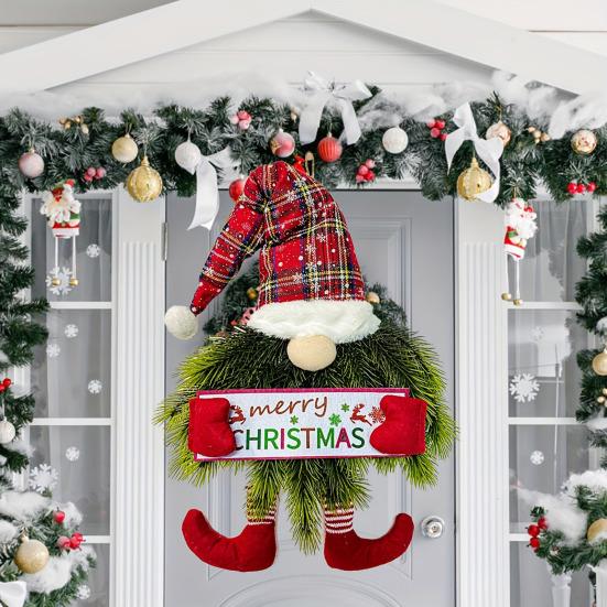 Рождественский венок с подсветкой Гном Искусственный венок из сосны и ели для входной двери Шведский Томте Подвесная табличка для рождественского крыльца Внутренний и наружный домашний декор