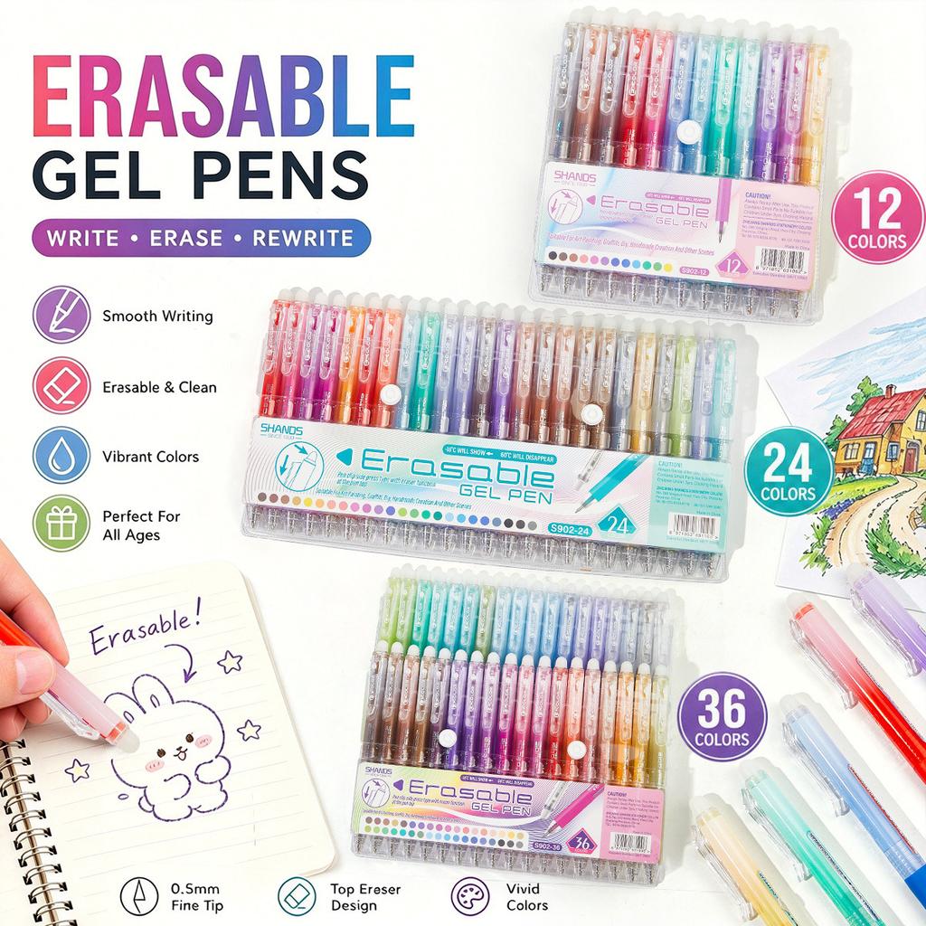 Erasable Gel Pen - Erasable student coloring pen - Retractable, retractable, push-button DIY journaling pen - Quick-drying neutral pen