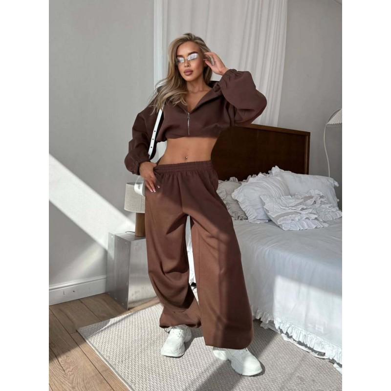 Womens Cropped Hooded Sweatshirt High-Waisted Pants Set Streetwear Outfit Winter Casual Wear