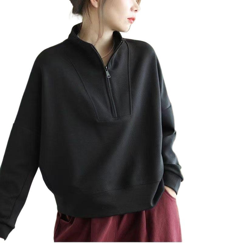 Women's Casual Loose Fit Plus Size Half-Zip Stand-Up Collar Sweatshirt - Long Sleeve Spring/Autumn Fashion Pullover Top