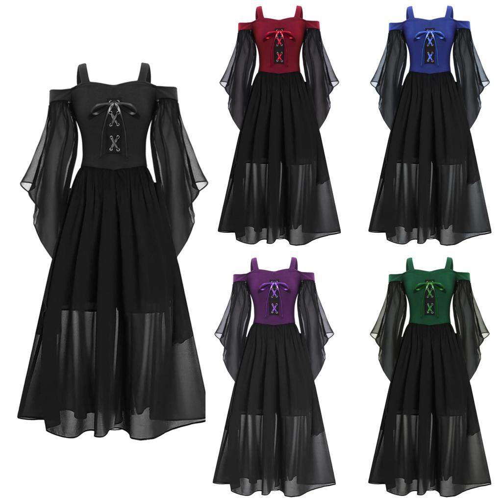 Girls Halloween Medieval Renaissance Gothic Dress Cold Shoulder Butterfly Sleeve Lace Up Witch Dress Cosplay Dress