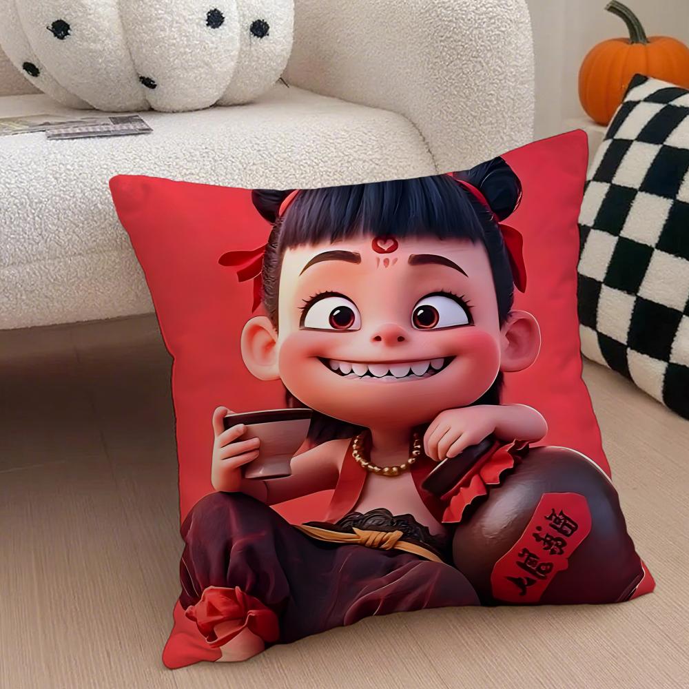 Chinese Style NNe Zha  Cushion Cover Throw Pillow Cover Hidden Button Durable Polyester Chair Cushion