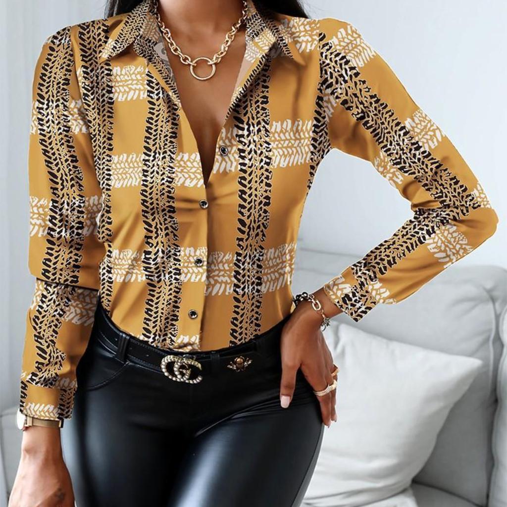 Женская модная рубашка Винтажная осенняя рубашка Блузка с принтом Повседневная рубашка с V-образным вырезом и длинным рукавом Блузка KTB