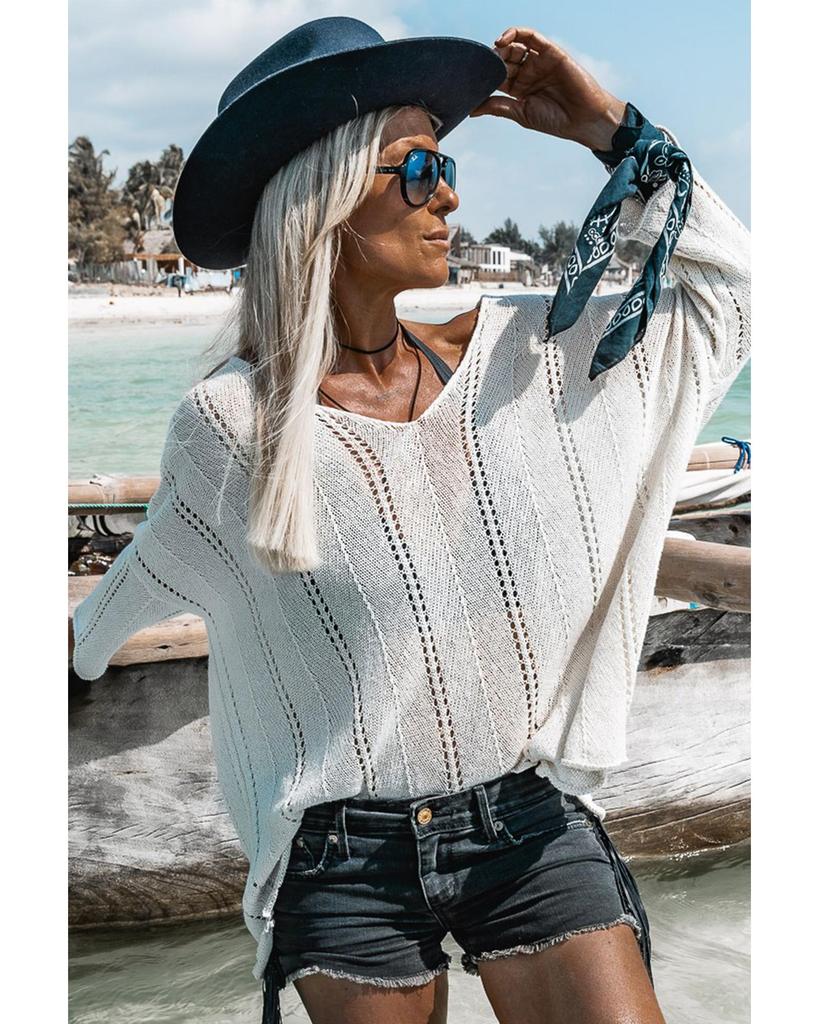 Azura Exchange Белый вязаный свободный свитер с V-образным вырезом и ажурными деталями