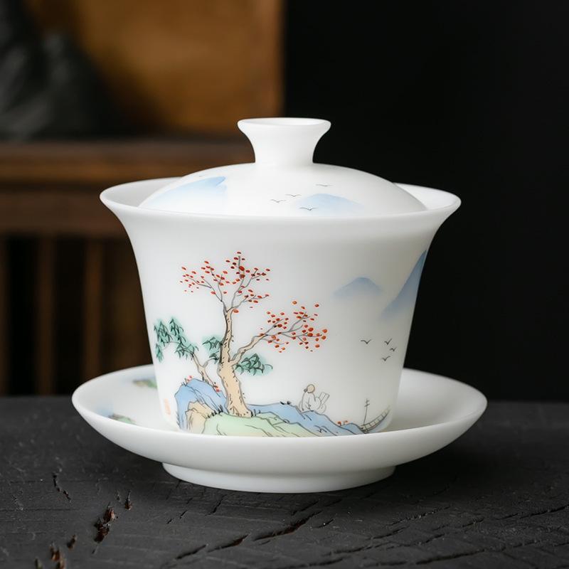 Boutique Ice Jade Porcelain Handmade Covered Bowl Handpainted Frangrant Hills Gaiwan Tea Tureen Tea Brewing Tea Collection Gifts