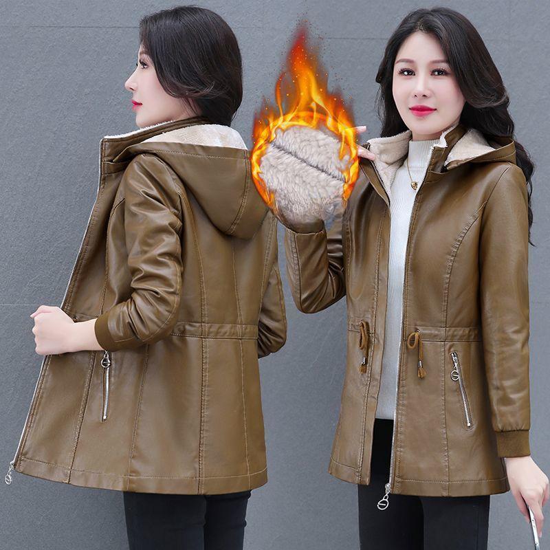 Autumn Winter Women's Fleece Leather Jacket Slim Plus Velvet Hooded Leather Biker Jacket Thick Flocked Leather Coat