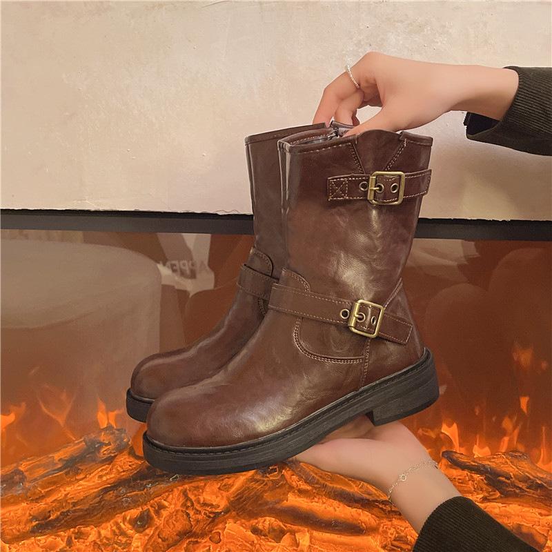 Пряжка для ремня в британском стиле, ботинки Мартин женские 2025 осень, новые, на плоской подошве, модные, универсальные, с круглым носком, короткие ботинки, черные