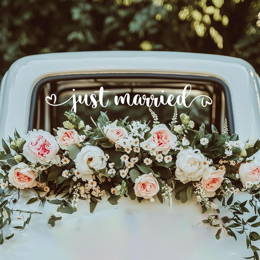 Just Married Car Vinyl Decal for Window Wedding Car Decal Wedding Vehicle Sticker Car Decal Heart Bird Sticker for Newly Weds 28x5.2 in