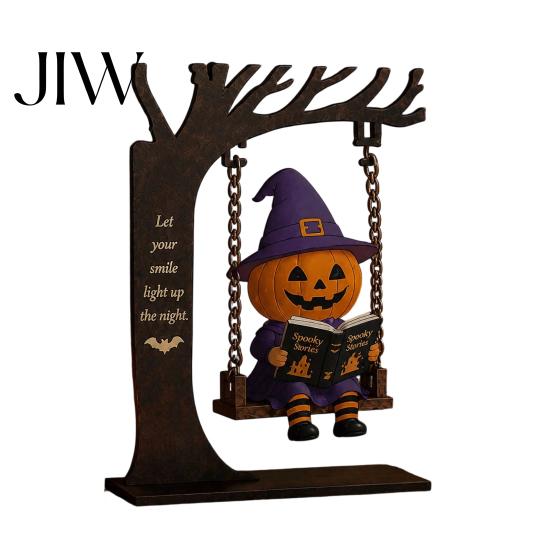 Scary Halloween Window Hangings Funny Swing Ornament, Witch/Skeleton/Mummy/Pumpkin Ghost Sitting on Decorative for Party Reading Book Figurine Desktop