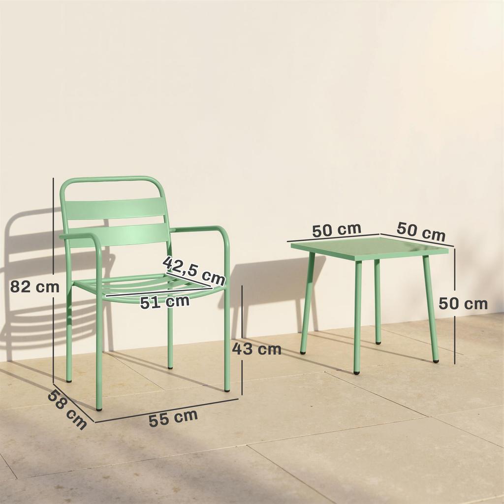 Garden Bistro Set, 3-Piece, Tempered Glass Coffee Table, 2 Slatted Chairs, Green