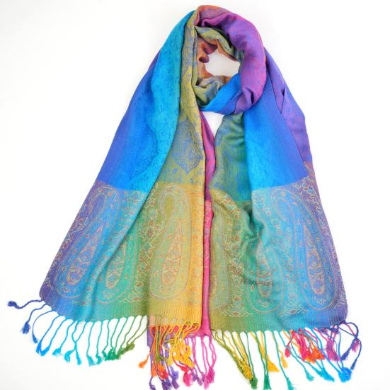 Imitation Wool Shawl Rainbow Color Art Printing Wrap Scarf with Tassels Women Poncho Shawl Blanket Scarf