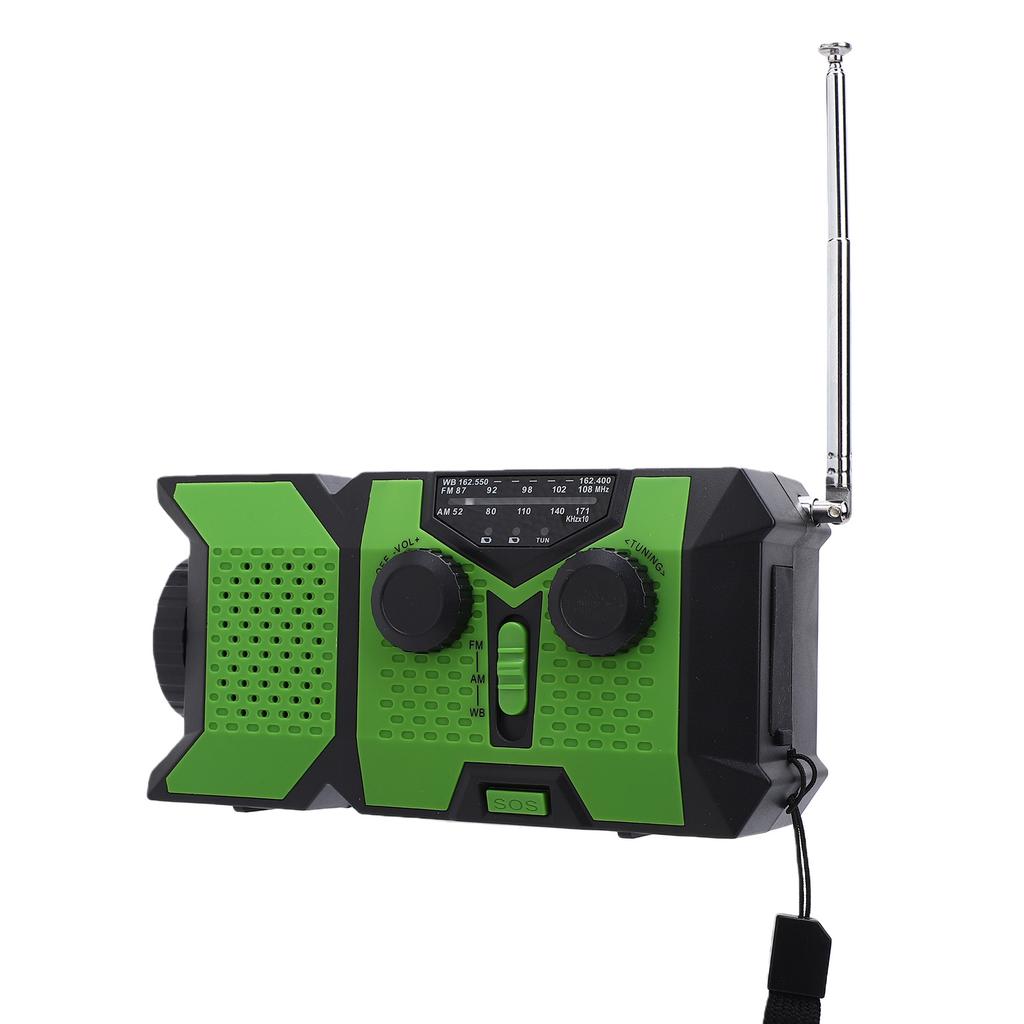 AM FM WB Radio Hand Crank Solar Battery Operated Portable Radio with Weather SOS Alert LED Flashlight for Camping Emergency Green