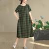 Короткий рукав Большой размер Хлопок лен винтажная клетка новые платья для женщин повседневное свободное длинное летнее платье