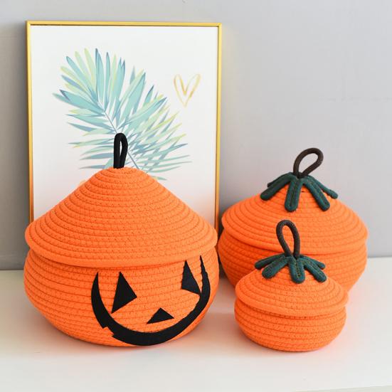 Halloween Woven Pumpkin Basket with Lid Empty Rope Woven Basket Trick or Treat Pumpkin Storage Bin Candy Snack Container