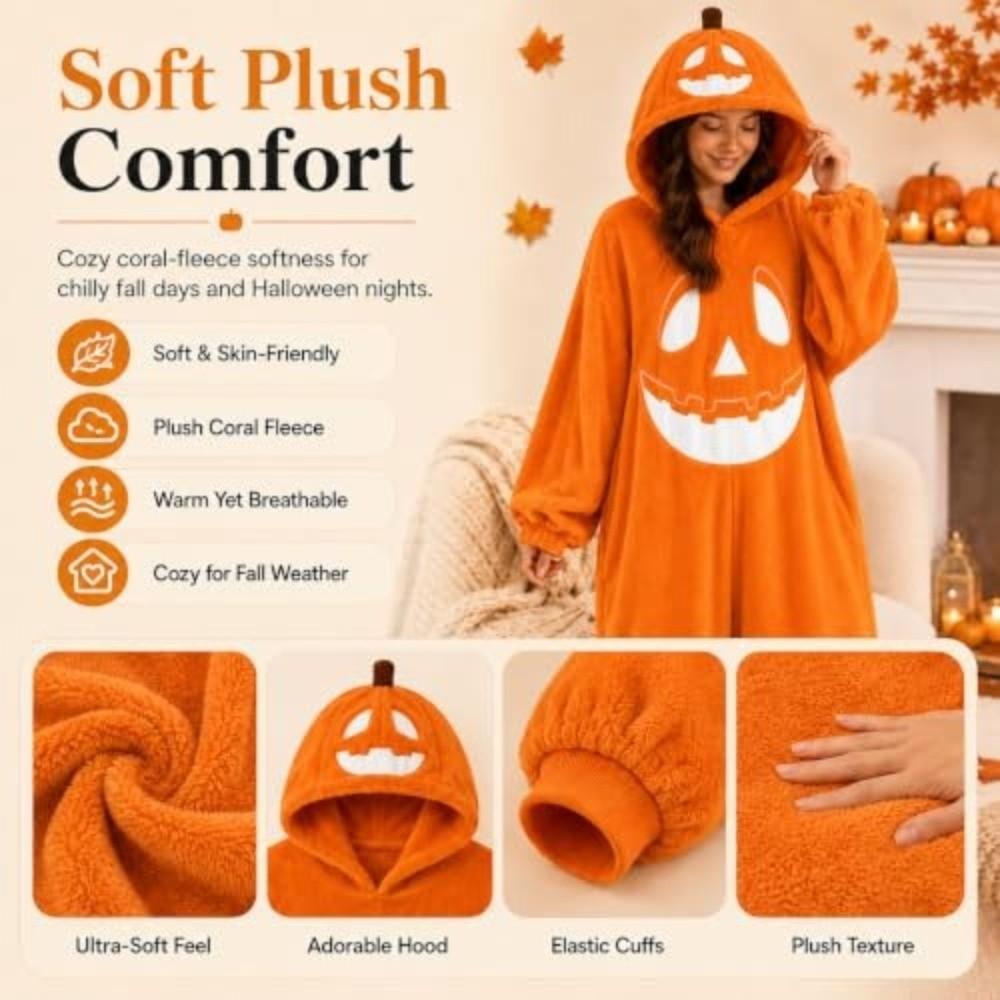 Hooded Pumpkin Jumpsuit Onesie All-in-One Jack-o'-lantern Costume Halloween Party
