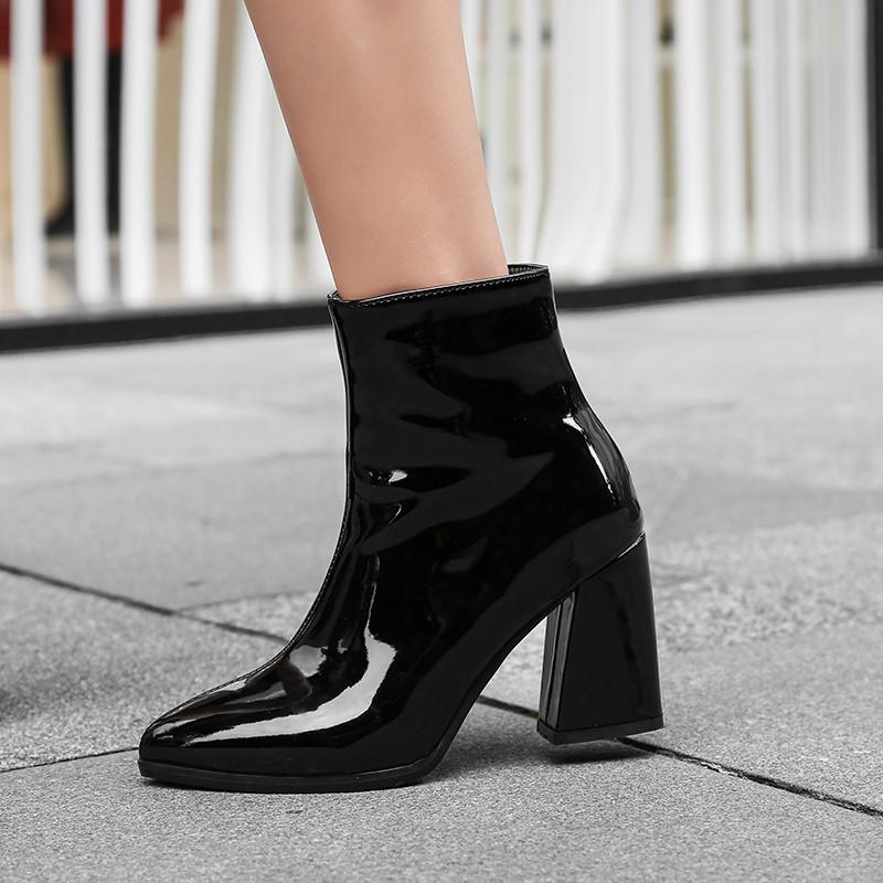 Patent Leather Gold Boots Silver Shoes Ladies Zipper Thick High Heels Short Boot Autumn Winter Size 43