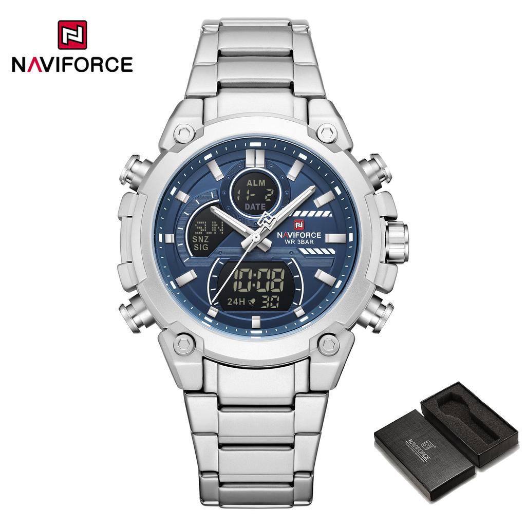 Naviforce Мужские часы с двойным временем Кварцевый механизм Цифровой ЖК-дисплей Хронограф Светящиеся стрелки Ремешок из нержавеющей стали Водонепроницаемые мужские часы NF9278