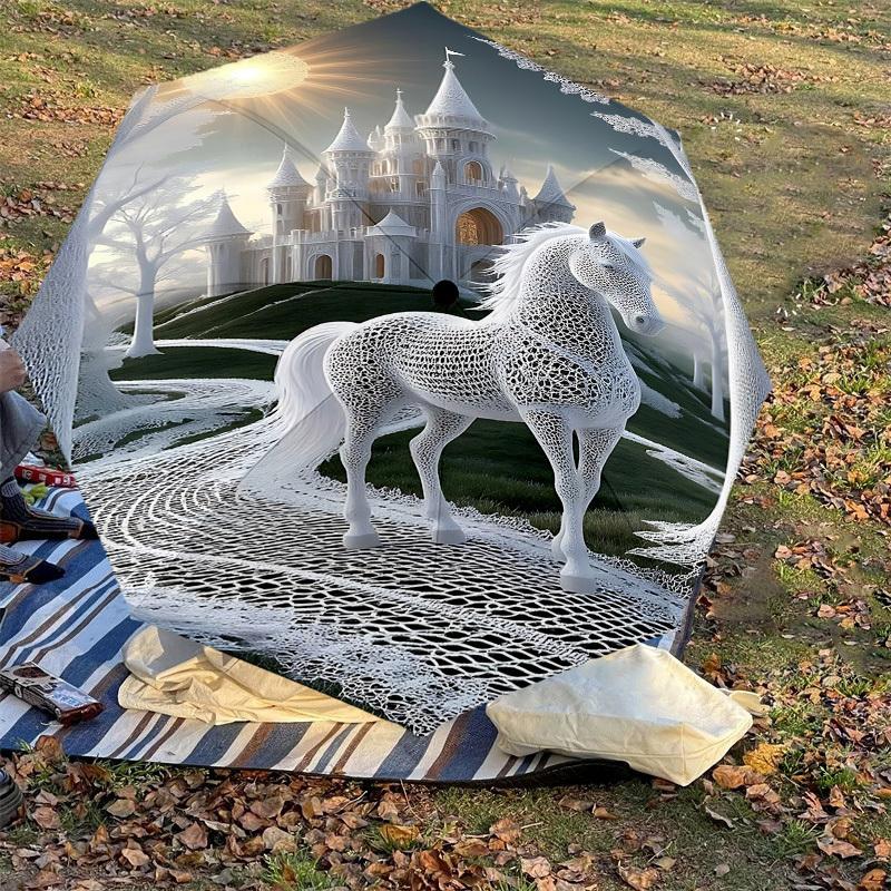 1 шт. зонт-трость с рисунком замка и лошади, автоматическое открытие/закрытие, ветрозащитный, 8 спиц, прочный купол, долговечные спицы, модный дизайн, аксессуар для улицы, забавный принт, Хол