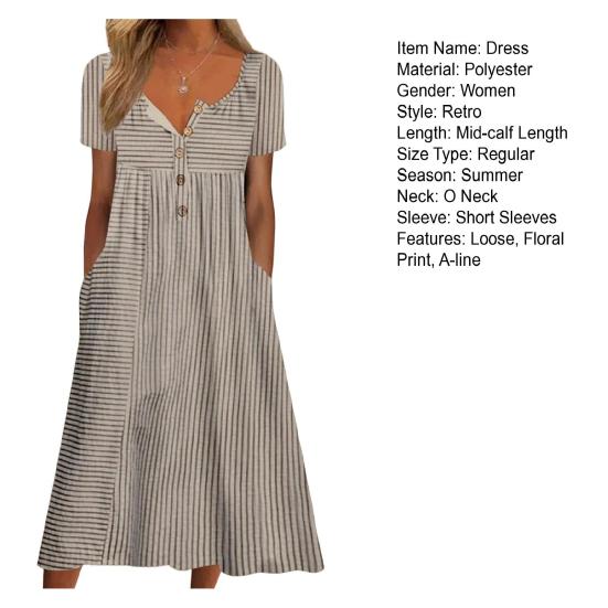 Summer Women Dress A-line Loose Hem Pleated O Neck Half Button Closure Short Sleeve Loose Side Pockets Retro Floral Print Mid-calf Length Commute