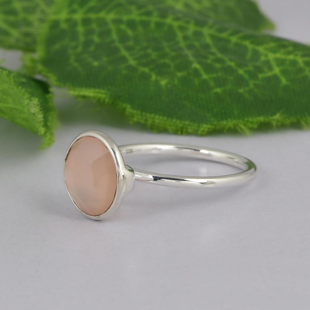Rose Chalcedony Ring, Round Gemstone Ring, 925 Sterling Silver Thin Band, Pink Chalcedony Ring, Minimalist Gemstone Jewelry, Gift for Her
