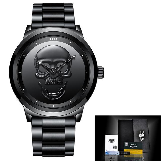 LIGE Brand New Style 3D Skull Men Watch Gift Steel Mesh Waterproof Military Male Sport Punk Quartz W