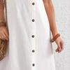 Women's Cotton Linen Tank Dress Casual Sleeveless Buttoned Crewneck Maxi Dress Summer Loose