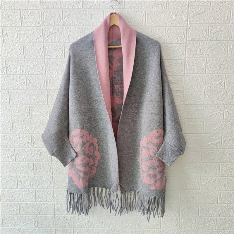 Женское пончо 2022, осенне-зимний шарф из искусственного кашемира с пионом и бахромой, двусторонняя теплая накидка с длинными рукавами, женский топ