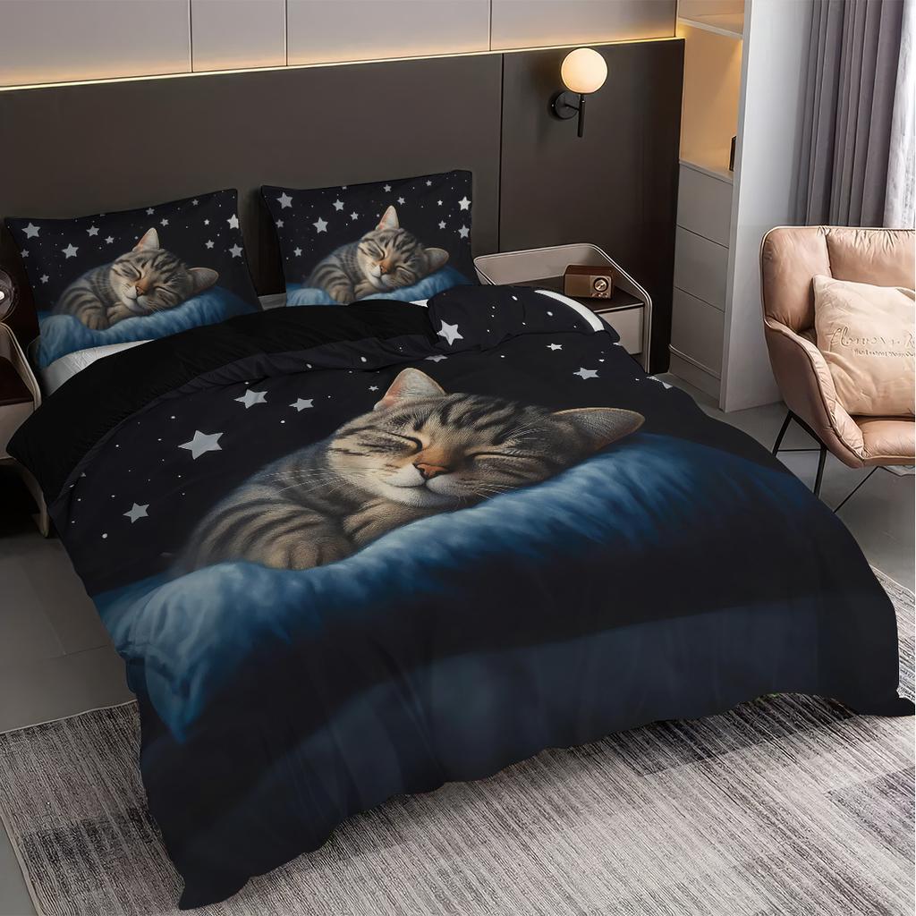 3pcs Sleeping Cat Pattern Printed Bedding Set, 1*quilt Cover+2*pillowcase, Suitable for King Bed, Single Bed for All Seasons
