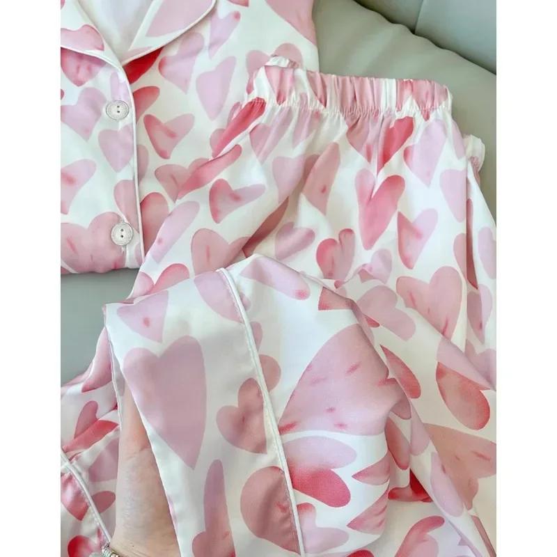 Pijama Satin Ipak Bahor Yoz Qisqa Yengli Uzun Shim Sevgi Yuragi Yupqa Uyqu Kiyimi Ayollar Salqin Pijamalar Ayollar Pijamalari
