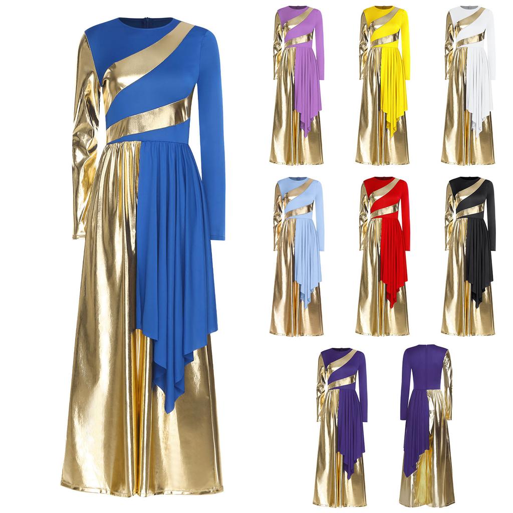S-3XL Versatile Praise Dance Wear: Eye-Catching Metallic Patchwork Jumpsuit Featuring an Artistic Irregular Drape Design