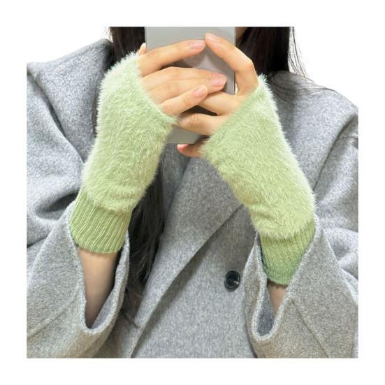 Женские перчатки без пальцев из искусственного меха с отверстием для большого пальца, полупалые перчатки, эластичные, теплые, зимние, для печати, письма, варежки