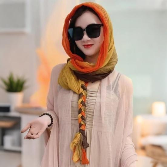 Summer Scarf with Pigtail Decor Patchwork Color Comfortable Fabric Versatile Shawl Scarf UV Protection Shawl Photo Props