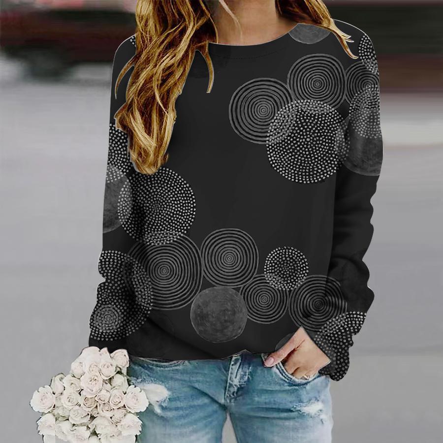 Tops For Women Geometric Circle Print Round Neck Long Sleeve T-shirt Fall Casual Slim Pullover Women's Long Sleeve Top