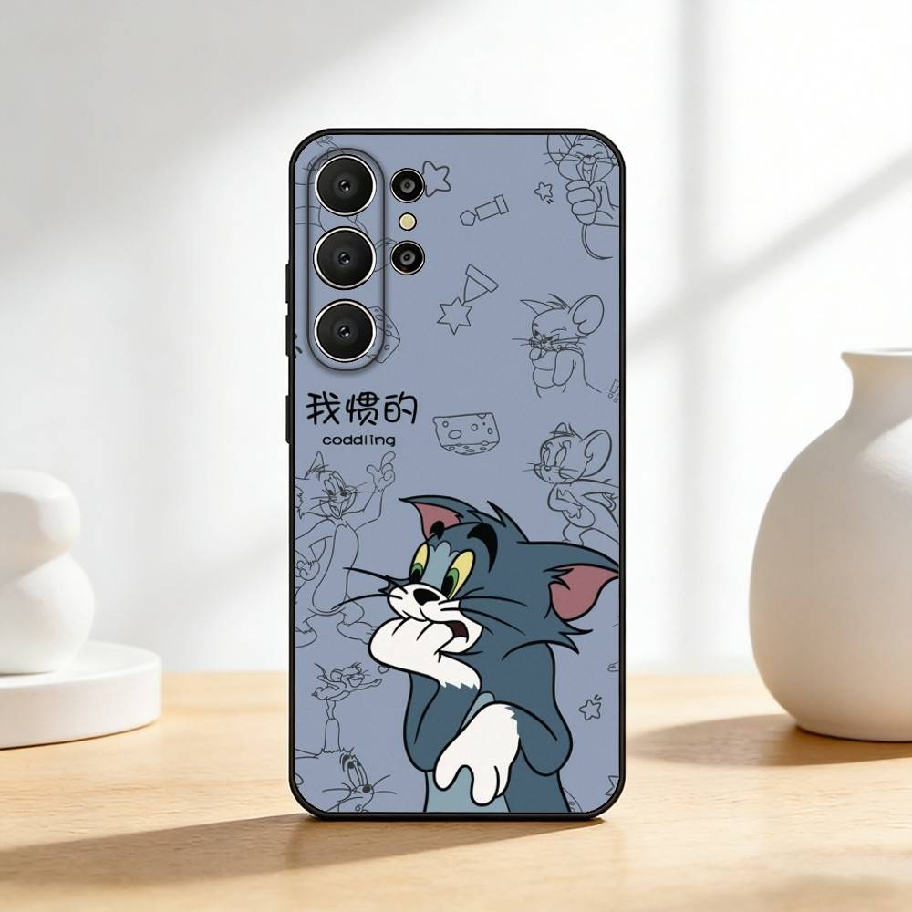 Забавный чехол для телефона T-TomS Cartoon JerryS для Samsung S26,S25,24,23,22,30,21,10,9,Ultra,Plus,Lite,FE Мягкий черный чехол