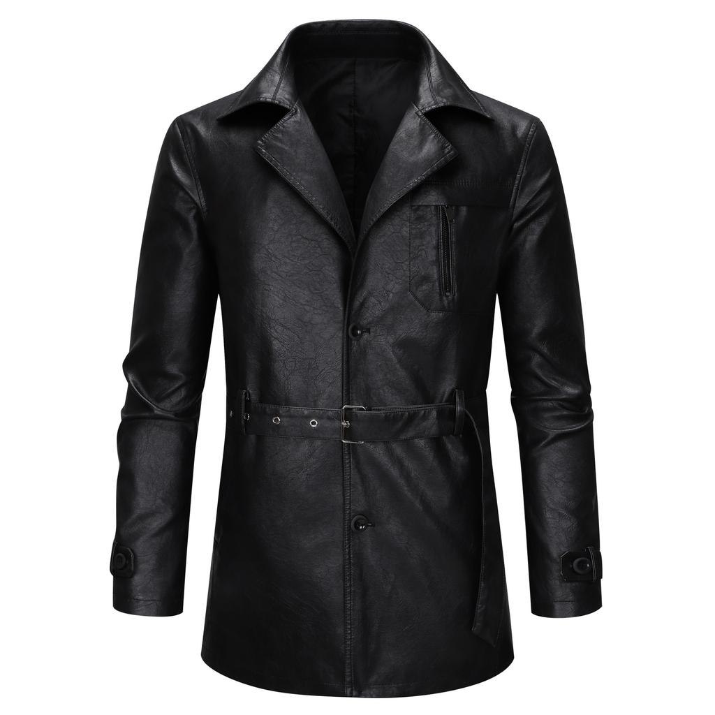 Spring and Autumn Leather Trench Coat Men's Slim Double Breasted Men's Mid-Length Leather Jacket New Style Jacket
