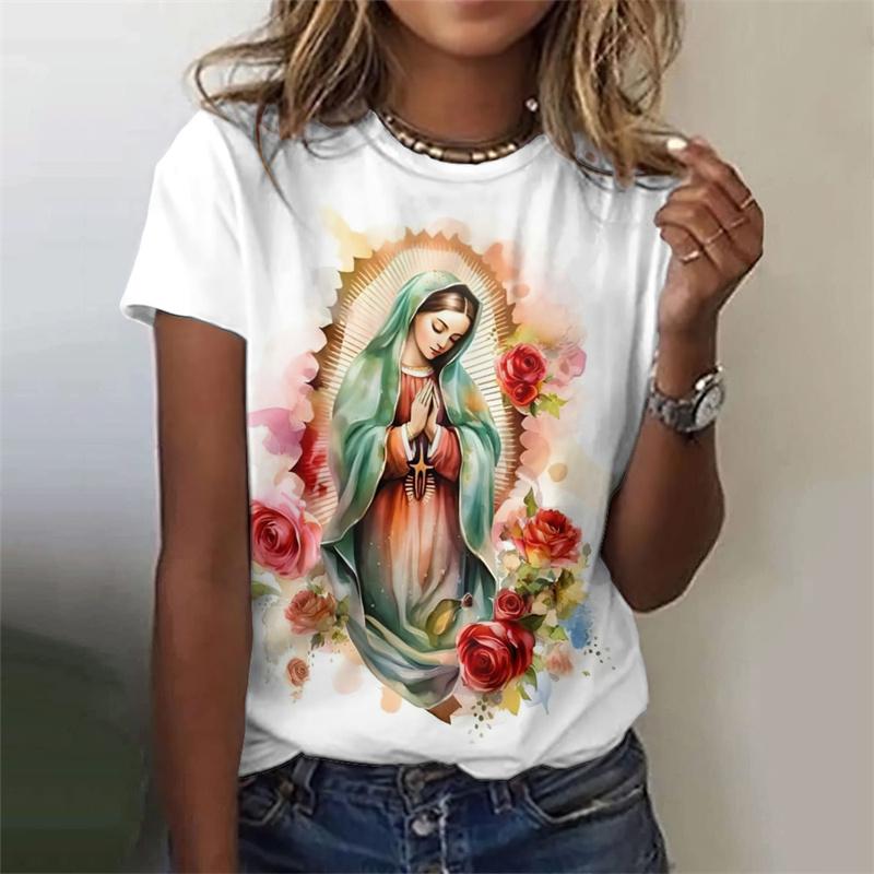 Virgin Mary Pattern T-Shirt For Women Sacred Christianity 3D Print T Shirts Summer Fashion Street Tees Short Sleeves O-Neck Tops