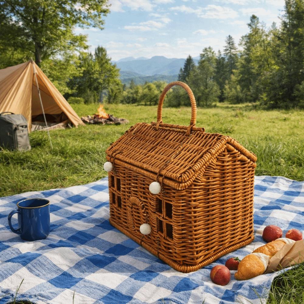 With Handle Rattan Picnic Basket House Shaped Clutter Organizer Desktop Organizer  Picnic Supplies