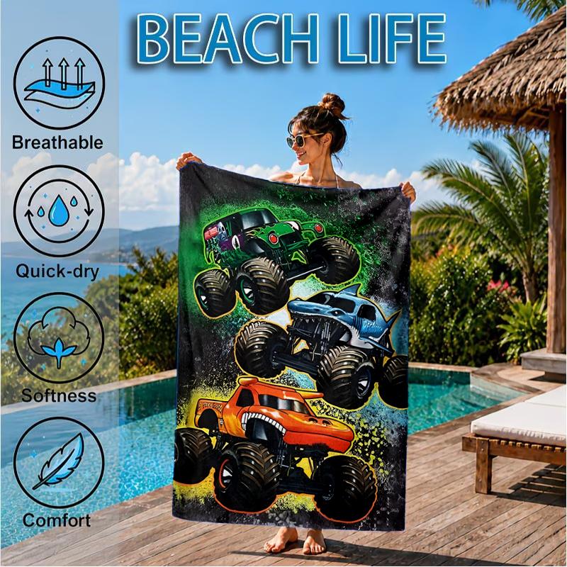 Mon-ster Truck Adventure Beach Towel, Super Soft Microfiber, Perfect Gift for Her/Him, Birthday, for Pool, Beach, Travel, Decor Beach Party