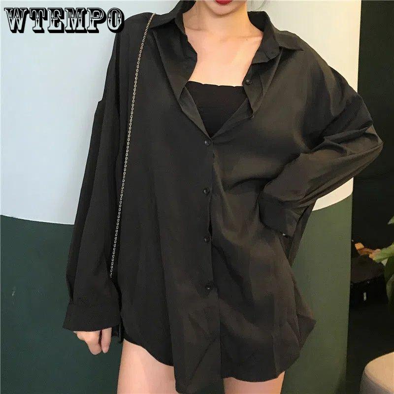 Women Blouses Spring Long Sleeve Black Chiffon Shirt with Belt Ladies Loose All-match Fashion Chic Casual Simple Tops