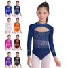Детский гимнастический танцевальный купальник с блестящими стразами, круглым вырезом, длинными рукавами, потайной молнией сзади, вырезом спереди, боди для сцены, танцевальная одежда