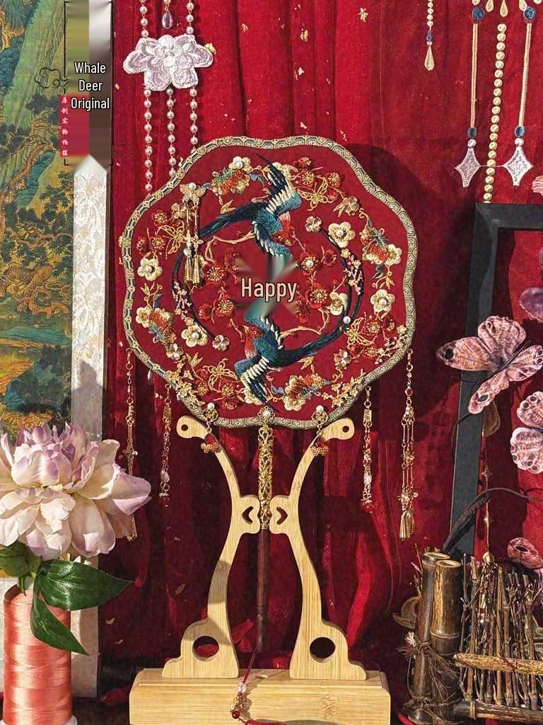 Двусторонний круглый веер "Кит и Олень" - Оригинальный дизайн "Сорока и Смеющаяся Голубка" для подарка невесте на свадьбу