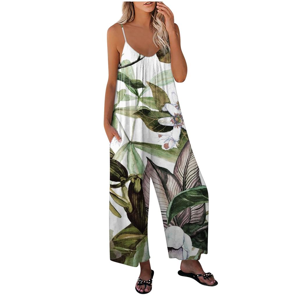 Женский свободный эластичный комбинезон без рукавов с принтом и регулируемыми бретельками с карманами