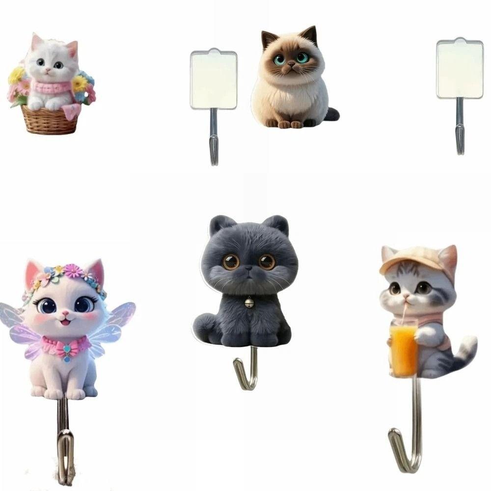 5 Pcs Cute Animal Decorative Wall Hooks 2D Flat Auxiliary Hook Sticky Coat Hook Wall Hanging