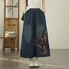 Plus Size Thin Vintage Embroidery Animal Floral High Waist Casual Loose Women Summer Jeans Denim Wide Leg Pants