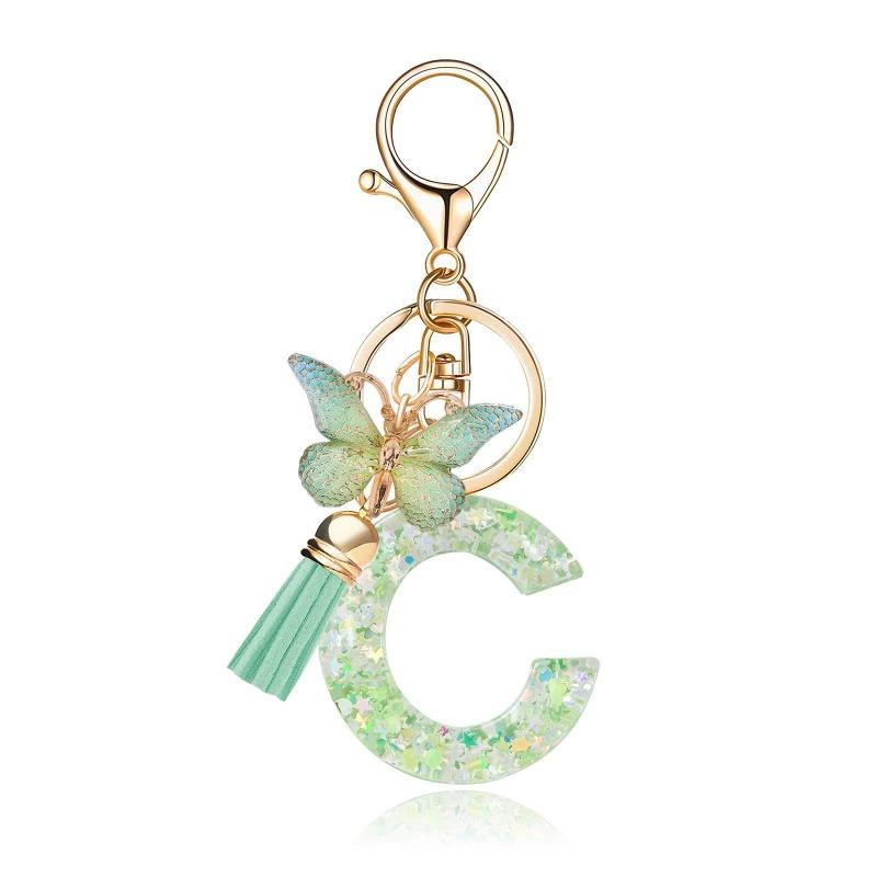 A-Z Dreamy Letters Keychain for Women Tassels Butterfly Pendant Initial Keyrings Purse Suspension Bags Car Key Chain Pink