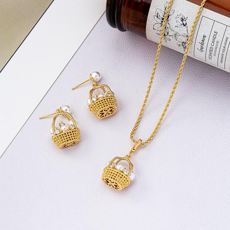 New popular ancient three-dimensional wealth gathering basket earrings necklace temperament advanced sense exquisite collarbone chain set