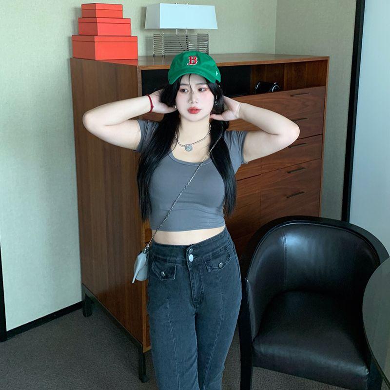 Women's Short-sleeved Big Yards U-shaped Collar Short Sleeve Thin Fashion Versatile T-shirt Slim Short Section Solid Colour Tops