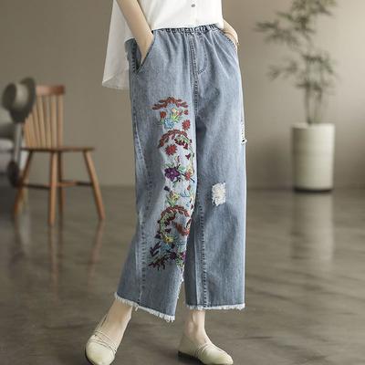 Джинсовые брюки в винтажном стиле с вышивкой, женские летние новые укороченные прямые широкие брюки для женщин с высокой талией, свободные джинсы с кисточками для женщин 2025