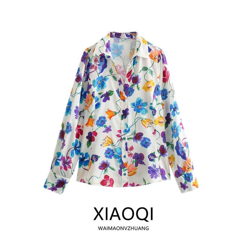 Fashion Style 2024 Spring New Women's Clothing Temperament Wild Florals Print Satin Shirt 2603121 330